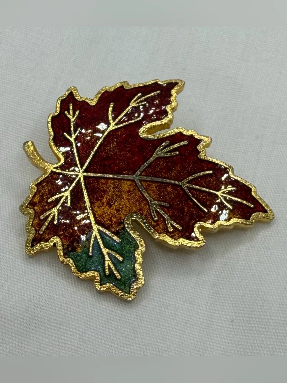 Vintage Goldtone Maple Leaf Brooch Pin Red Yellow Green Enamel Fall Foliage